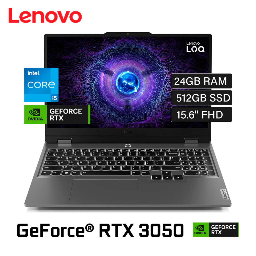 LAPTOP LENOVO LOQ 15IAX9 INTEL CORE I5-12450HX RAM 24GB DDR5 SSD 512GB NVME NVIDIA RTX 3050 6GB 15.6" FULL HD 